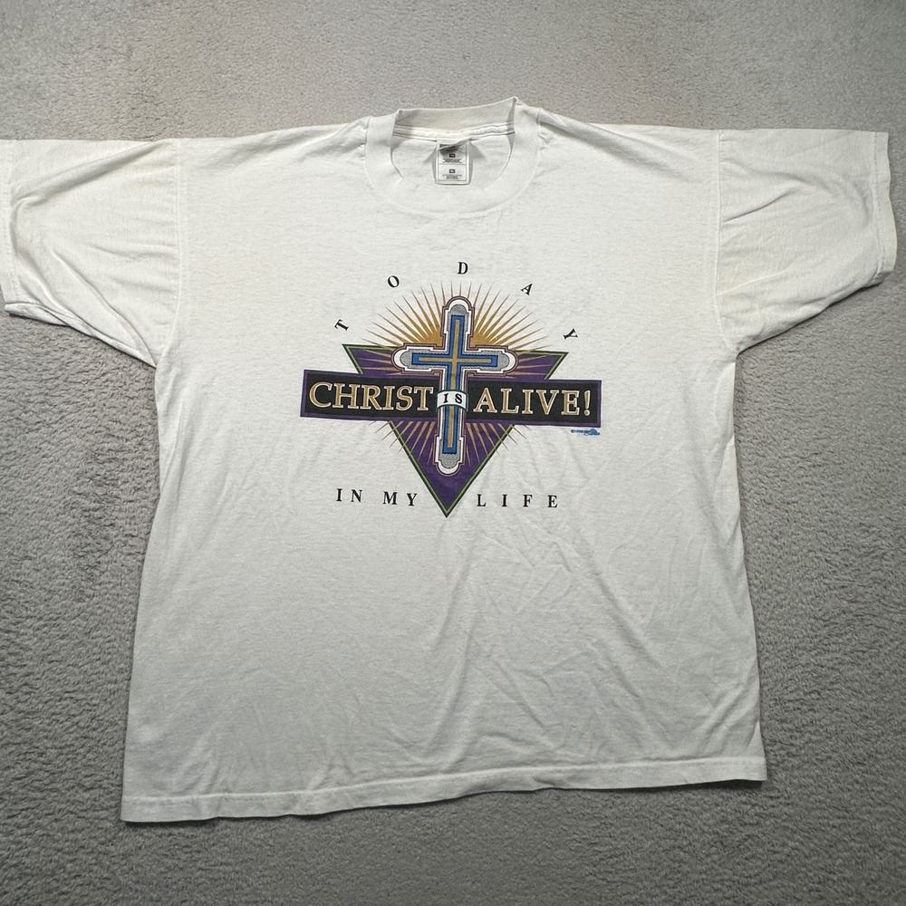Vintage 90s Fruit of the Loom T-Shirt Mens XL White Christ Is Alive Church Tee